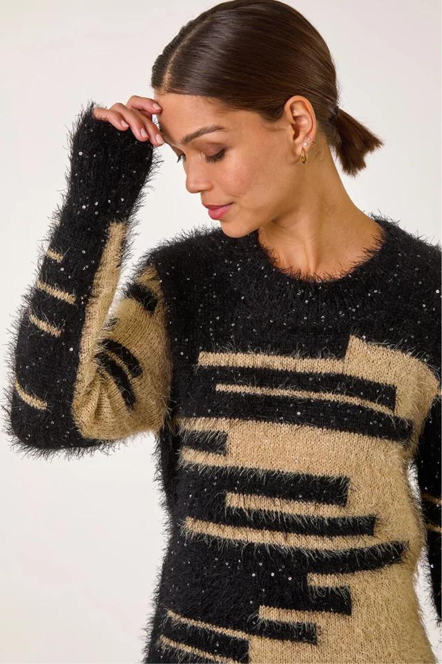Roman Camel Fluffy Cut Stripe Knit Jumper