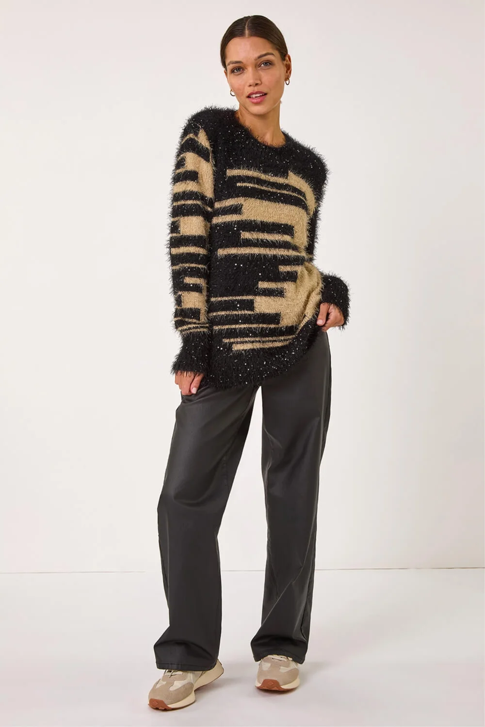 Roman Camel Fluffy Cut Stripe Knit Jumper - 18 Image 4