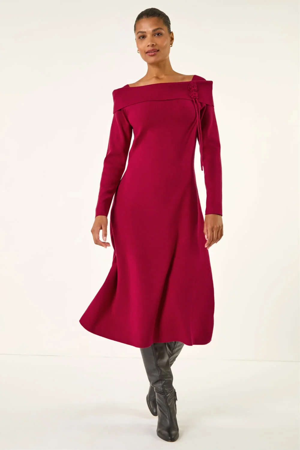 Roman Red Floral Bardot Knit Midi Dress - 20 Image 1
