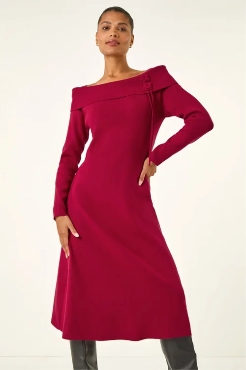 Roman Red Floral Bardot Knit Midi Dress - 20 Image 2