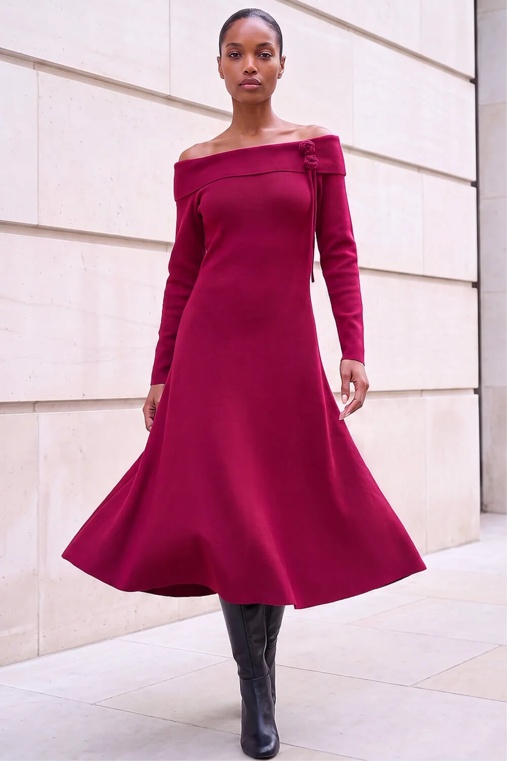 Roman Red Floral Bardot Knit Midi Dress - 20 Image 2