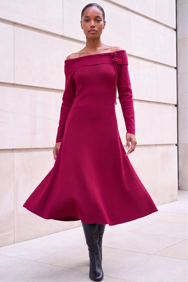 Roman Red Floral Bardot Knit Midi Dress