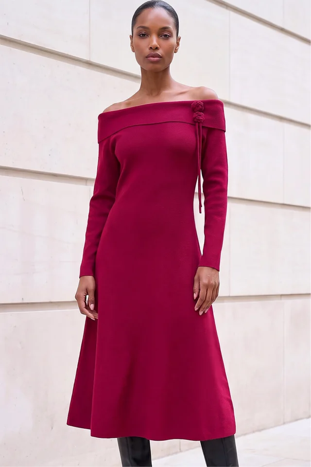 Roman Red Floral Bardot Knit Midi Dress