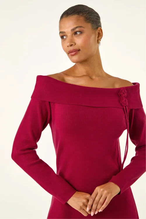 Roman Red Floral Bardot Knit Midi Dress - 20 Image 4