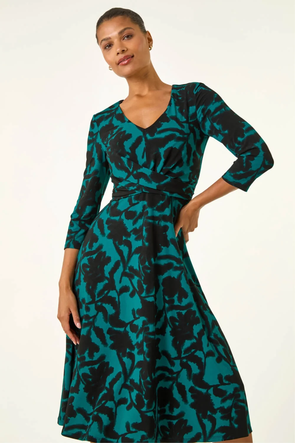 Roman Teal Floral Print Wrap Midi Stretch Dress - 18 Image 1