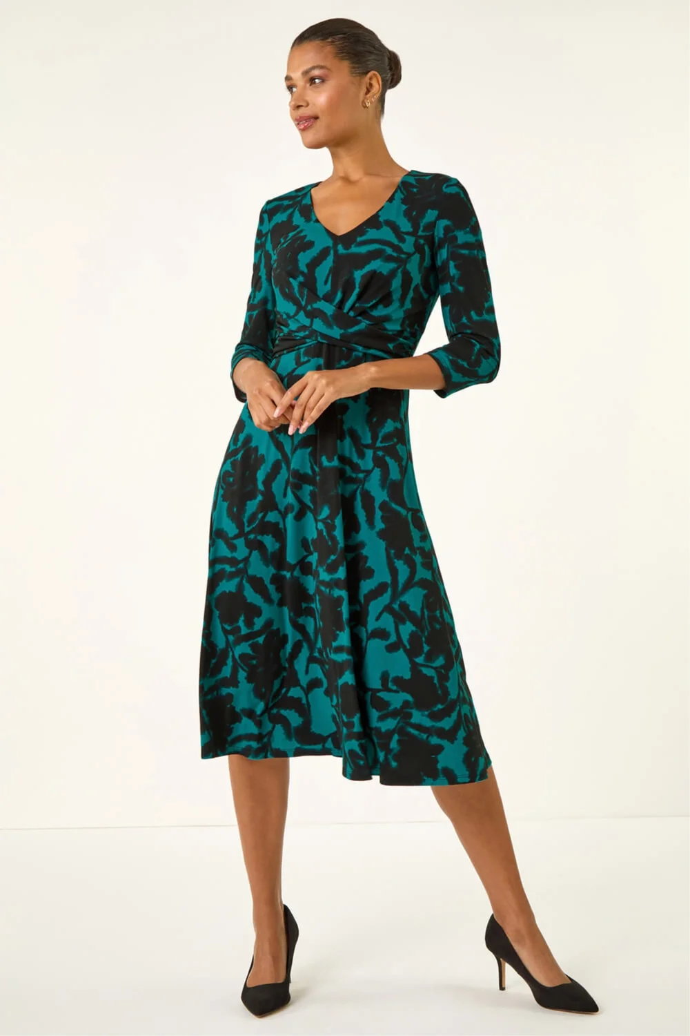 Roman Teal Floral Print Wrap Midi Stretch Dress - 18 Image 2