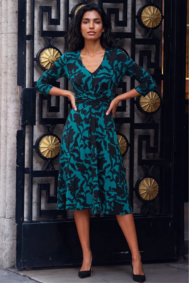 Roman Teal Floral Print Wrap Midi Stretch Dress