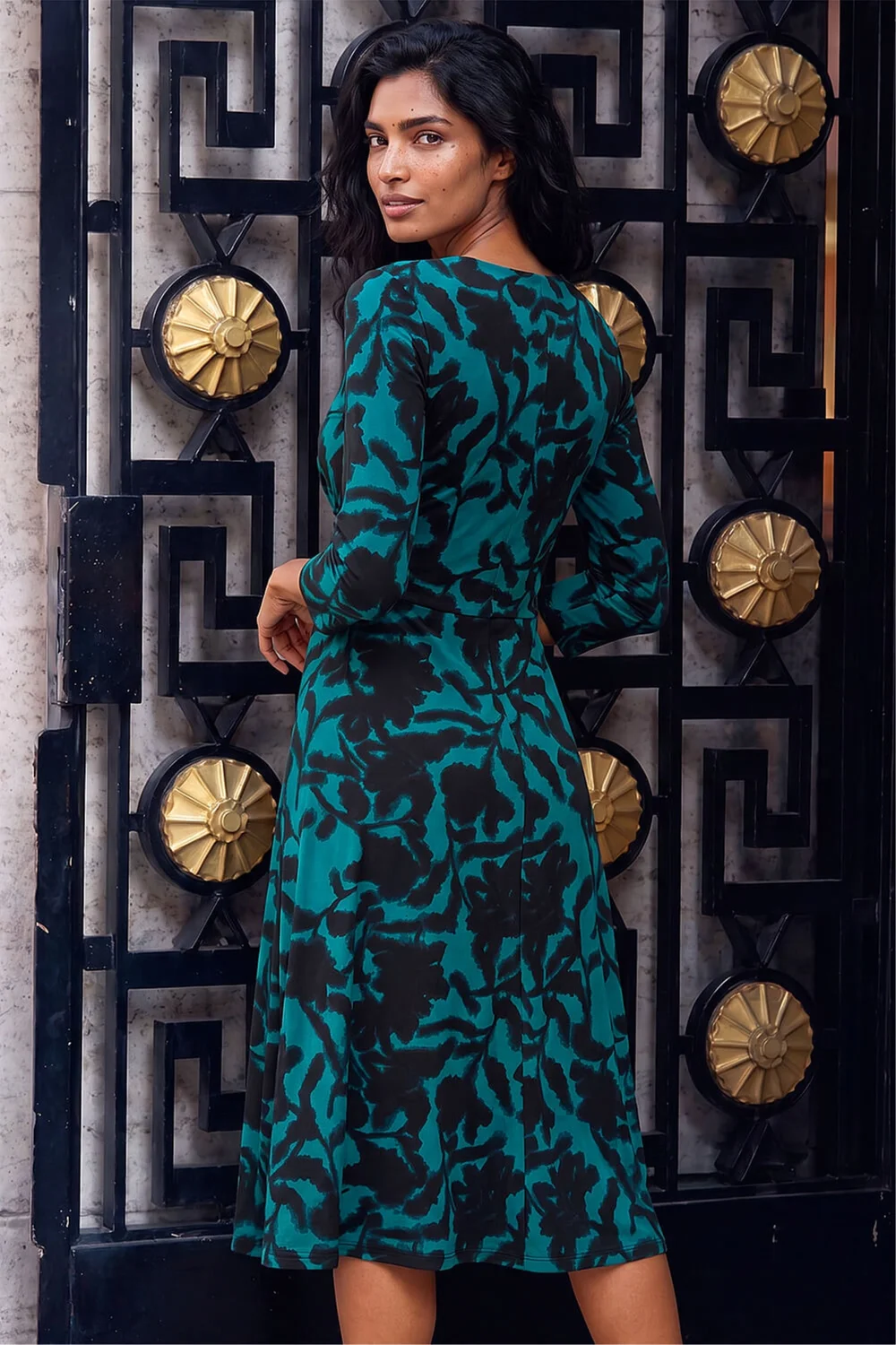 Roman Teal Floral Print Wrap Midi Stretch Dress - 18 Image 3