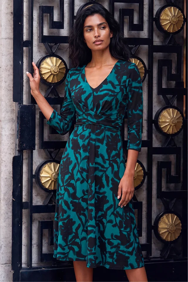 Roman Teal Floral Print Wrap Midi Stretch Dress