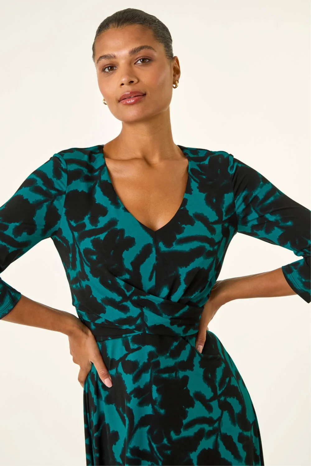 Roman Teal Floral Print Wrap Midi Stretch Dress - 18 Image 4