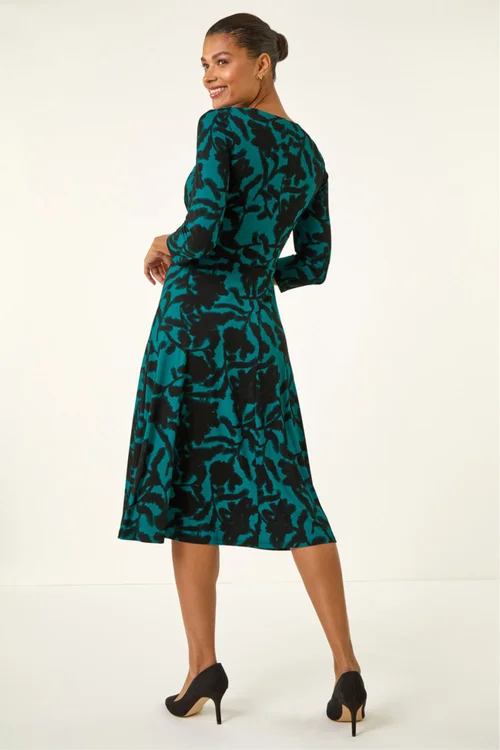Roman Teal Floral Print Wrap Midi Stretch Dress - 18 Image 3
