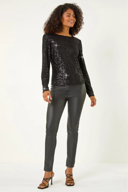 Dusk Black Sequin Long Sleeve Stretch Top - Size 10 Image 2