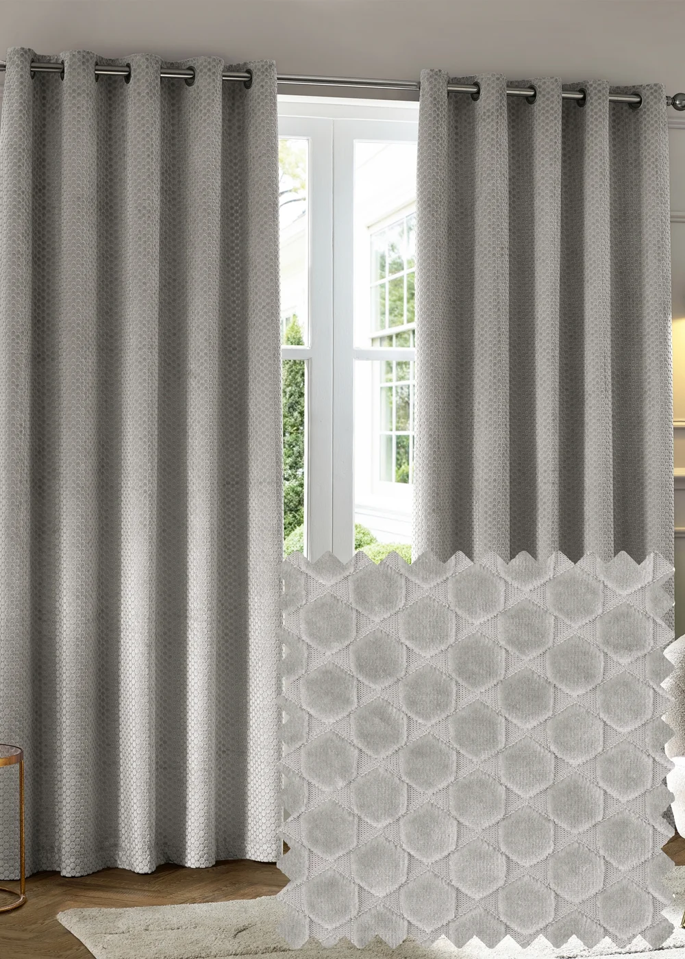 Paoletti Neptune Velvet Room Darkening Eyelet Curtain Pair Silver - 46W X 54D (117x137cm Image 1