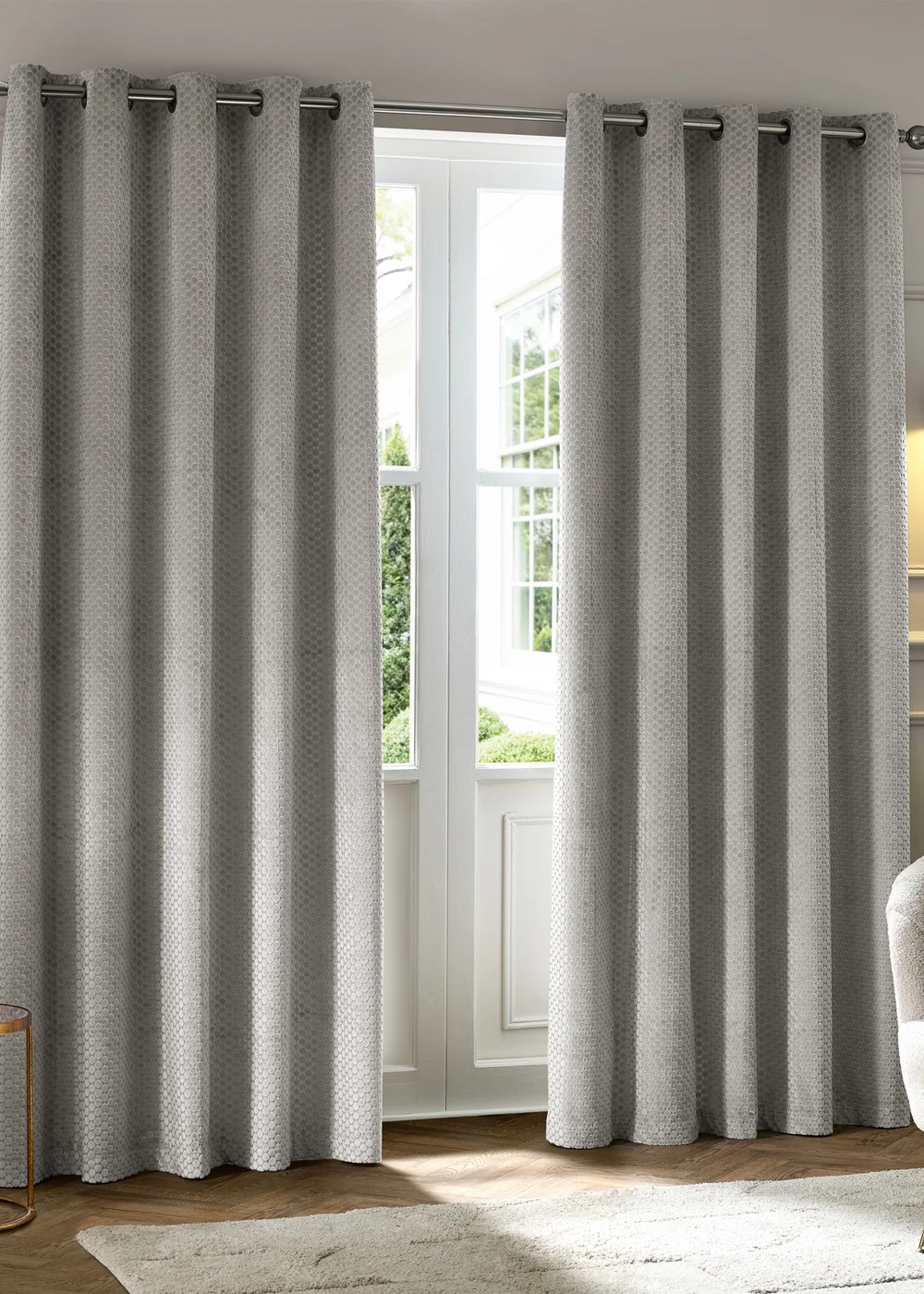 Paoletti Neptune Velvet Room Darkening Eyelet Curtain Pair Silver - 46W X 54D (117x137cm Image 2