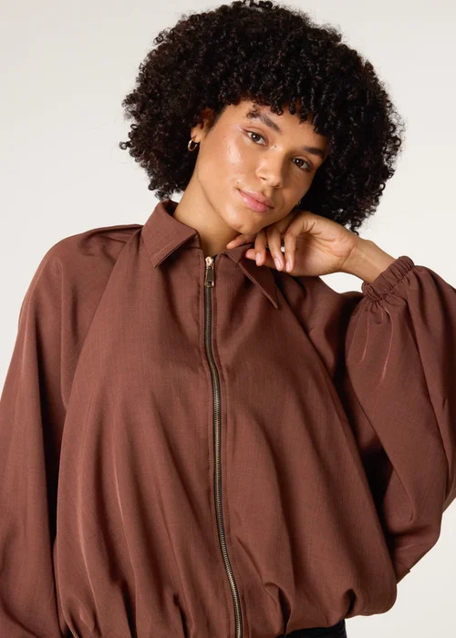 Blue Vanilla Brown Drape Puffball Zipper Jacket - One Size Image 3