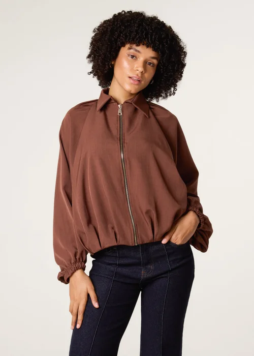 Blue Vanilla Brown Drape Puffball Zipper Jacket - One Size Image 1
