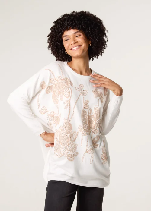 Blue Vanilla White Embroidered Round Neck Jumper - One Size Image 1