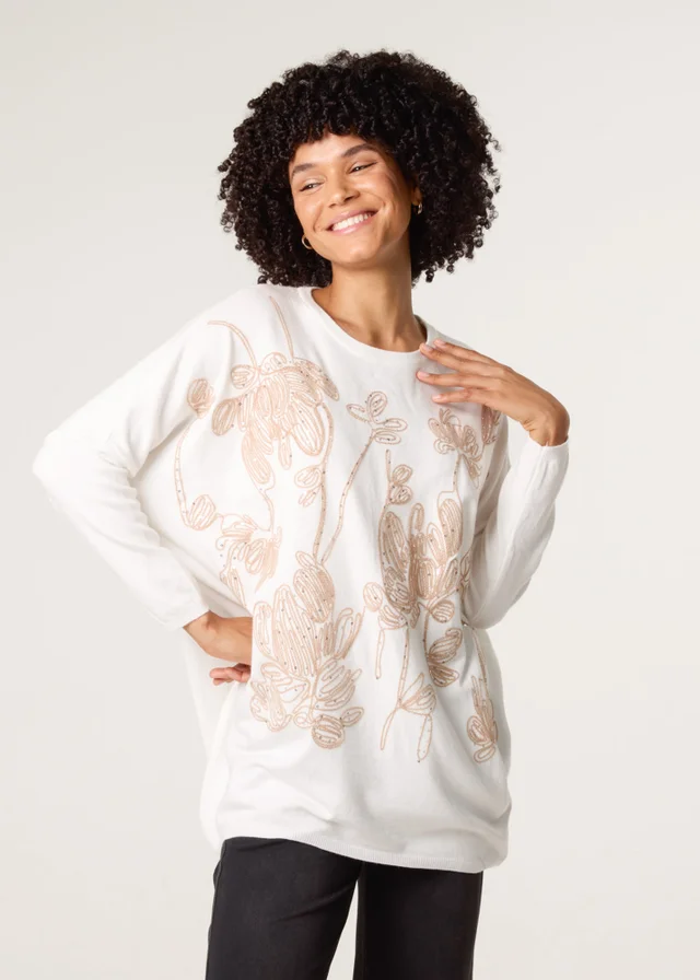 Blue Vanilla White Embroidered Round Neck Jumper