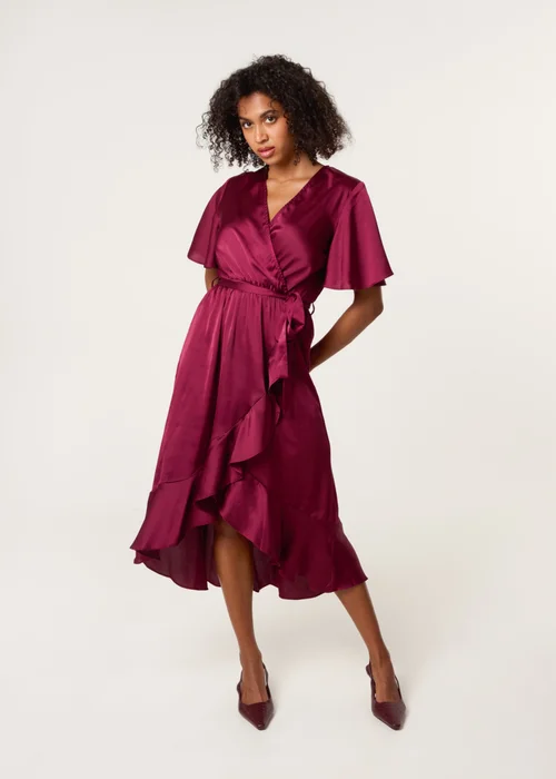 Blue Vanilla Red Satin Wrap Frill High To Low Midi Dress - 10 Image 2