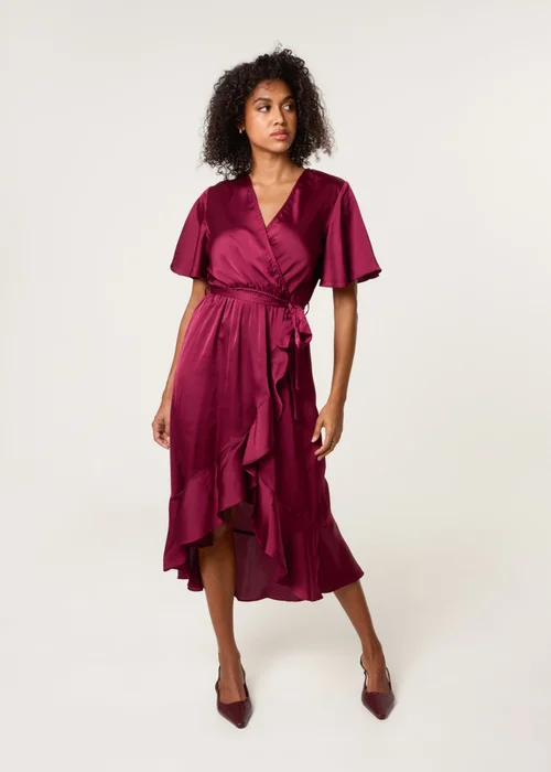 Blue Vanilla Red Satin Wrap Frill High To Low Midi Dress - 10 Image 1
