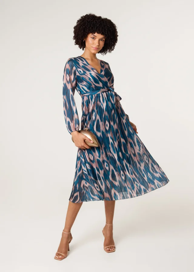 Blue Vanilla Turquoise Crossover Metallic Pleated Dress