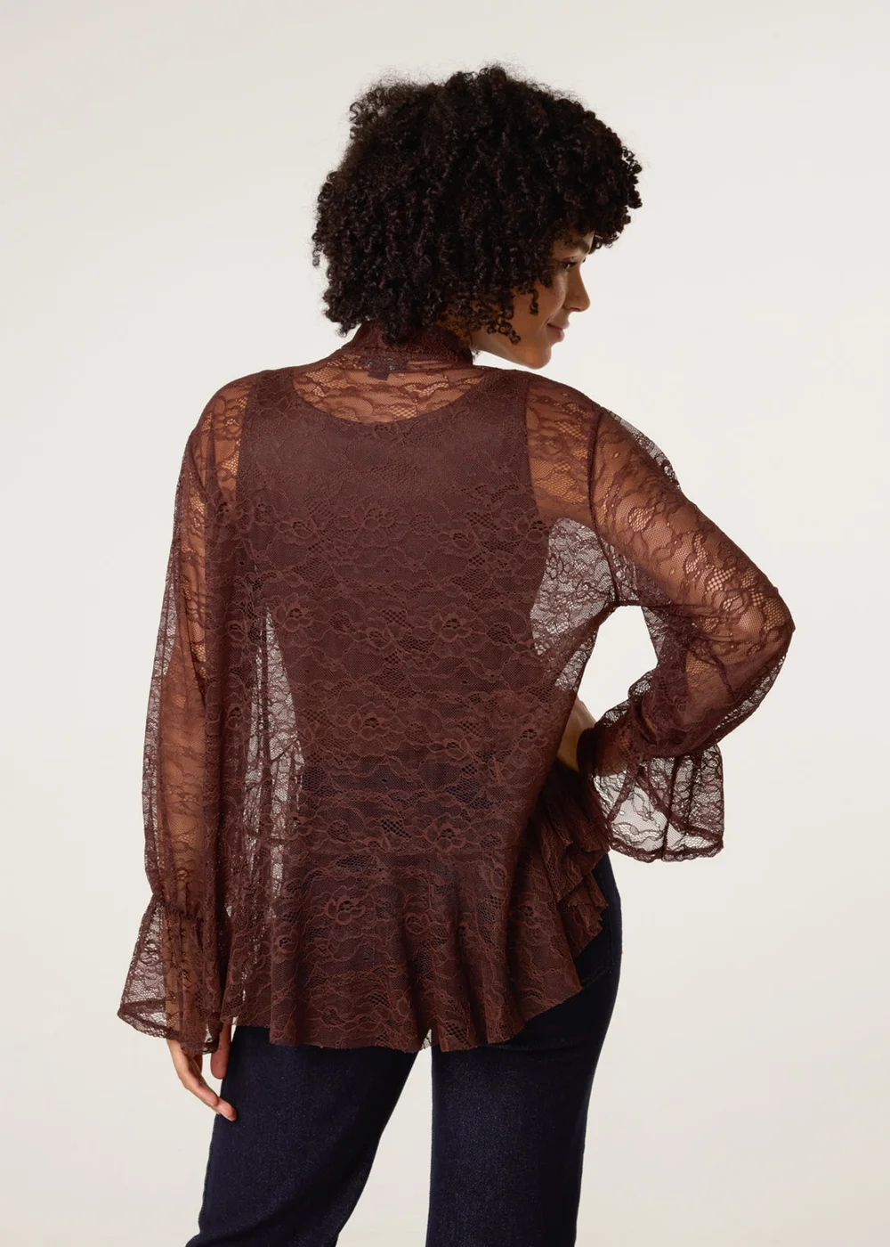 Blue Vanilla Brown Lace Pussybow Blouse - One Size Image 4
