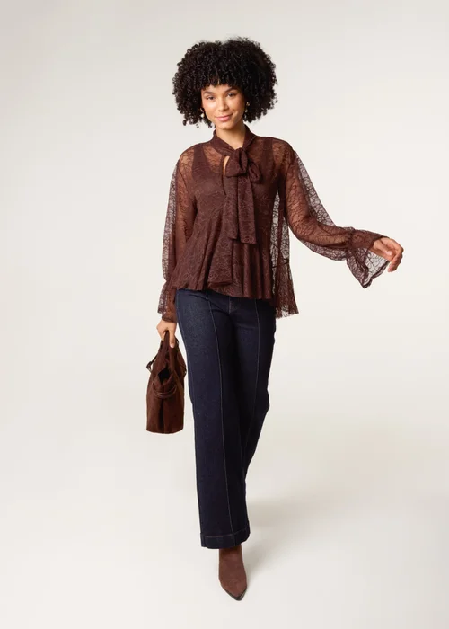 Blue Vanilla Brown Lace Pussybow Blouse - One Size Image 1