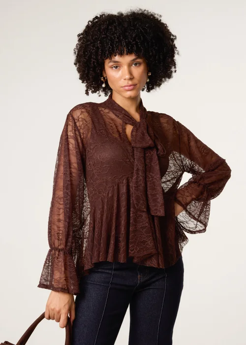 Blue Vanilla Brown Lace Pussybow Blouse - One Size Image 2