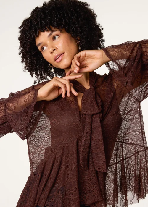 Blue Vanilla Brown Lace Pussybow Blouse - One Size Image 3