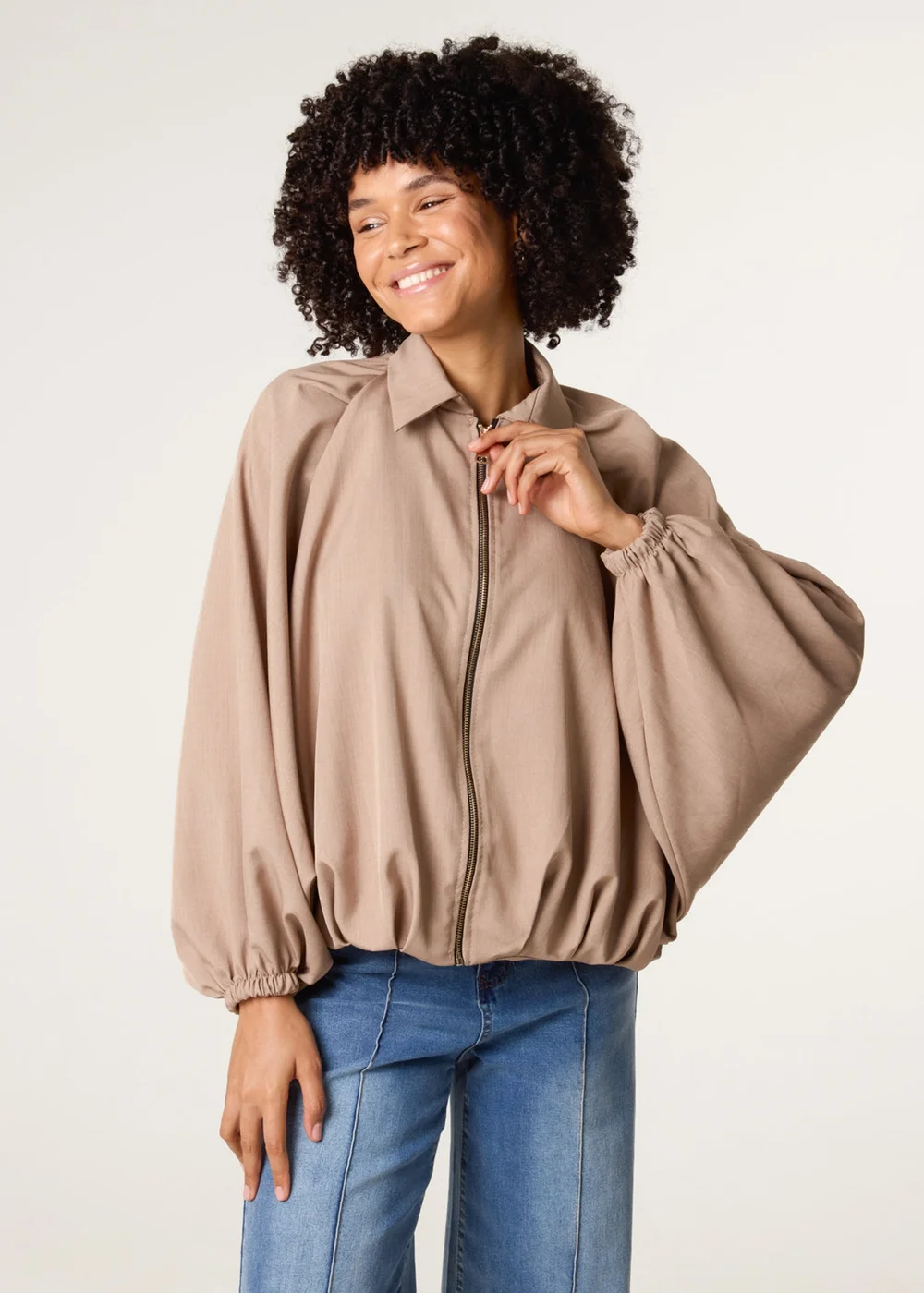 Blue Vanilla Beige Drape Puffball Zipper Jacket - One Size Image 3