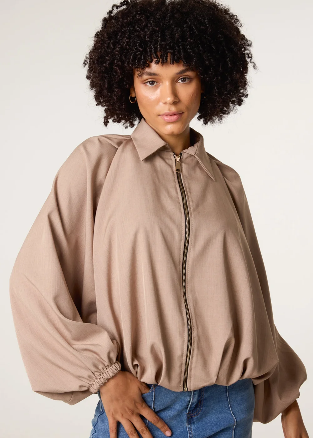 Blue Vanilla Beige Drape Puffball Zipper Jacket - One Size Image 2