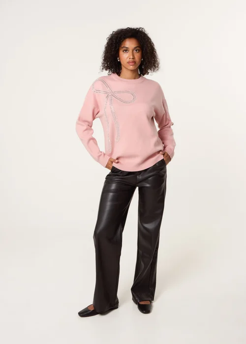 Blue Vanilla Pink Diamante And Pearl Bow Knit Jumper - M/L Image 2