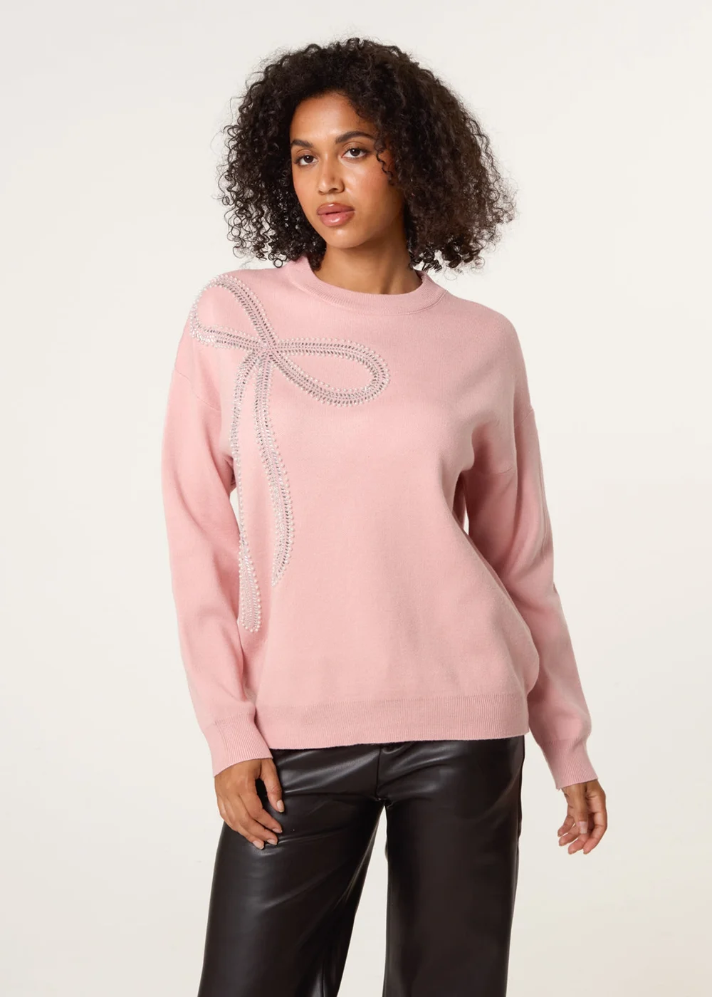Blue Vanilla Pink Diamante And Pearl Bow Knit Jumper - M/L Image 1
