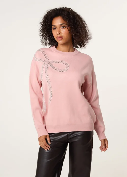 Blue Vanilla Pink Diamante And Pearl Bow Knit Jumper - M/L Image 1