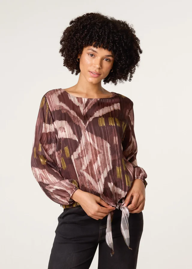 Blue Vanilla Brown Tie Knot Metallic Chiffon Blouse
