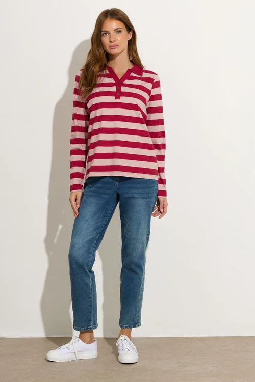 M&Co Red & Pink Cotton Stripe Polo Shirt - 18 Image 3