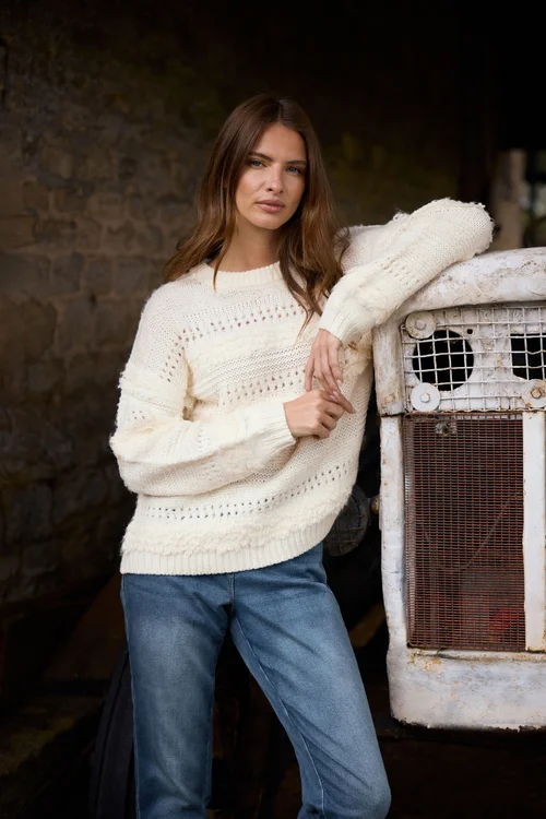 M&Co Ivory White Textured Boucle Knit Jumper - 14-16 Image 1