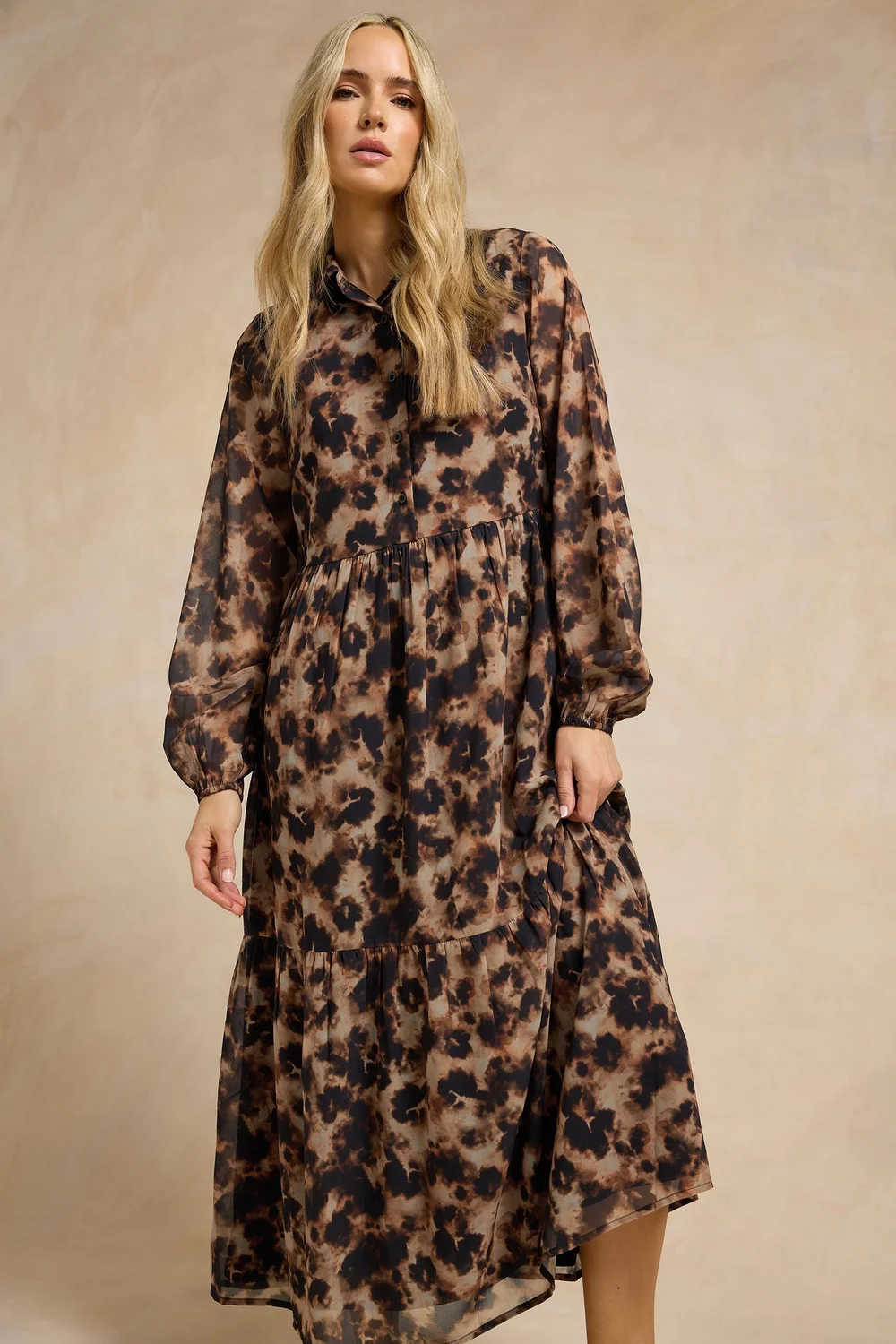 Long Tall Sally Brown Marble Sheer Tiered Dress - 10 Long Tall Sally Brown Marble Sheer Tiered Dress - 10