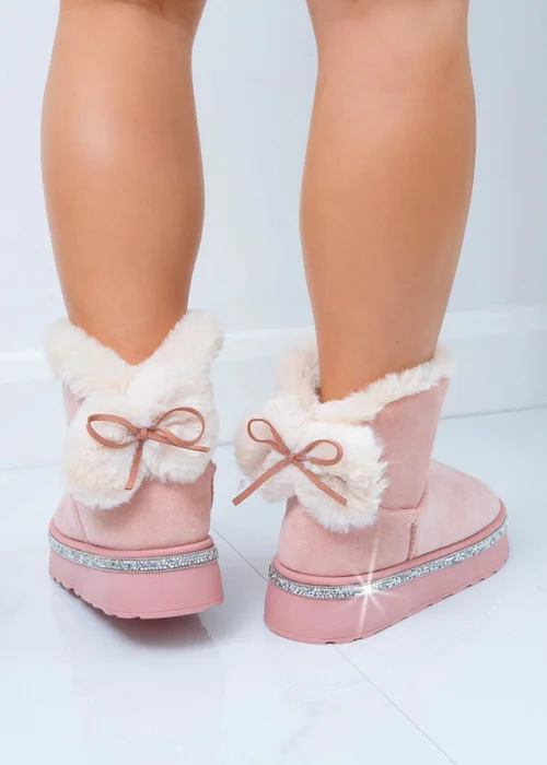 Love Lemonade Pink Crystal Faux Fur Bow Ankle Boots - Size 3 Image 1