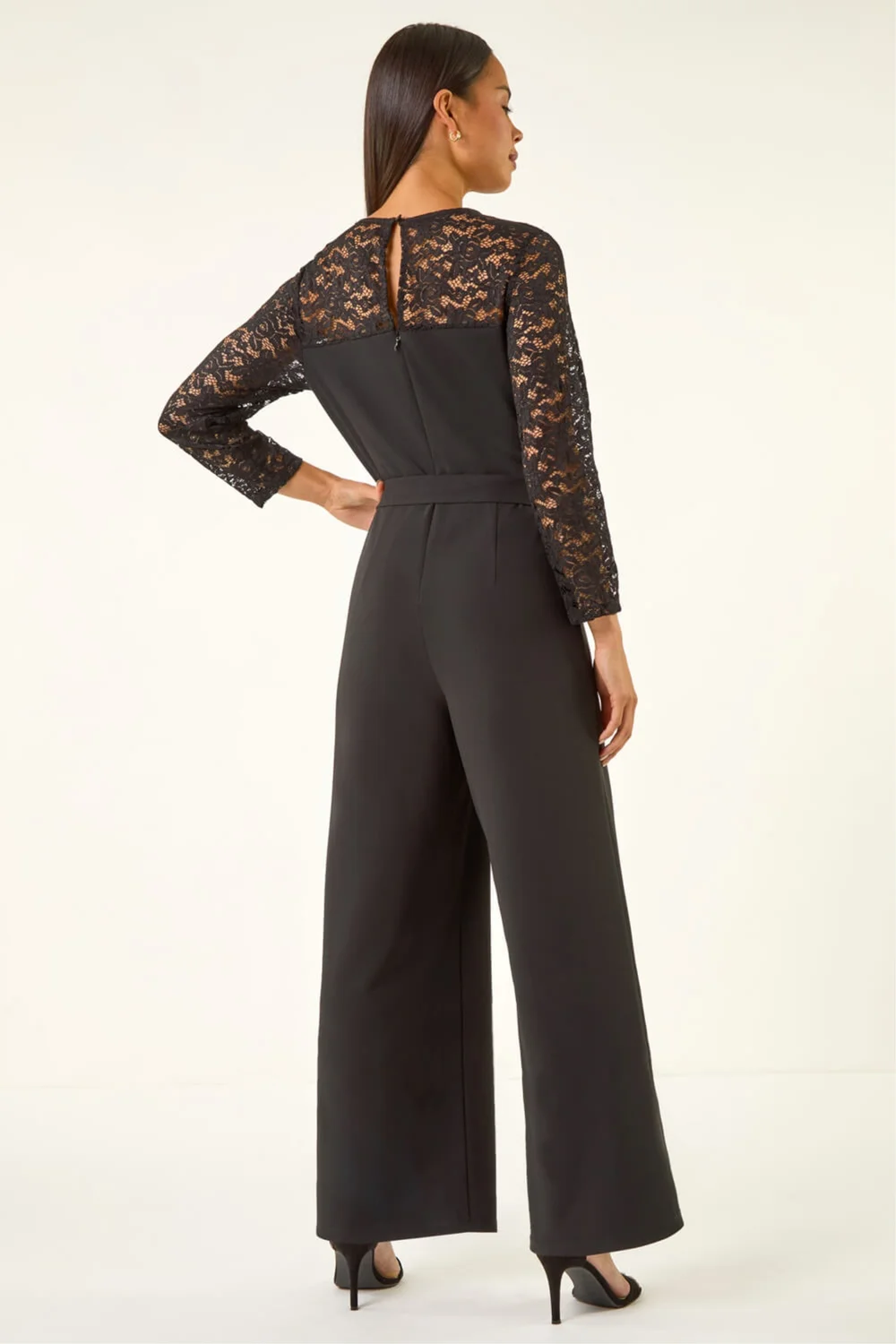 Roman Black Petite Lace Contrast Stretch Jumpsuit - Size 10 Image 3