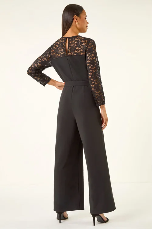 Roman Black Petite Lace Contrast Stretch Jumpsuit - Size 10 Image 3