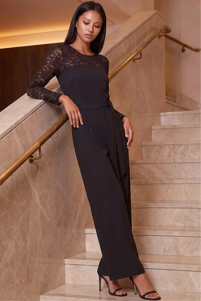 Roman Black Petite Lace Contrast Stretch Jumpsuit