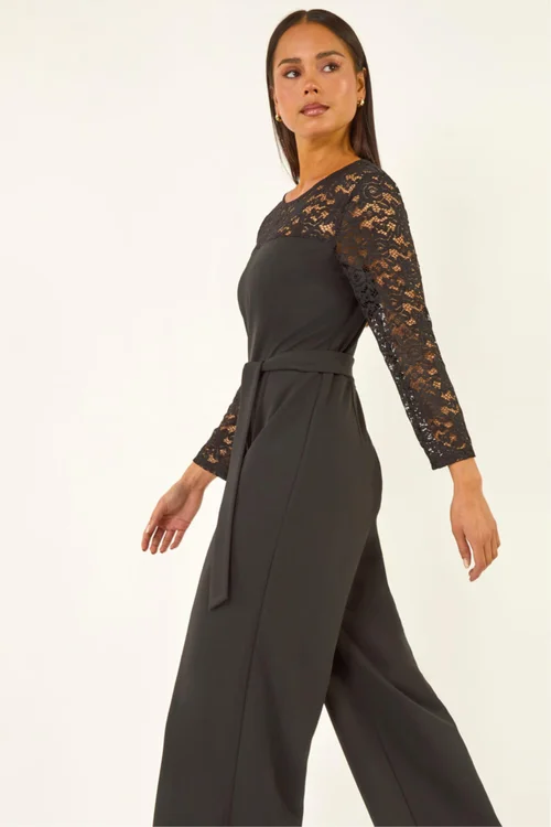 Roman Black Petite Lace Contrast Stretch Jumpsuit - Size 10 Image 1