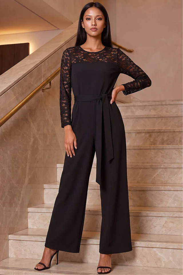 Roman Black Petite Lace Contrast Stretch Jumpsuit