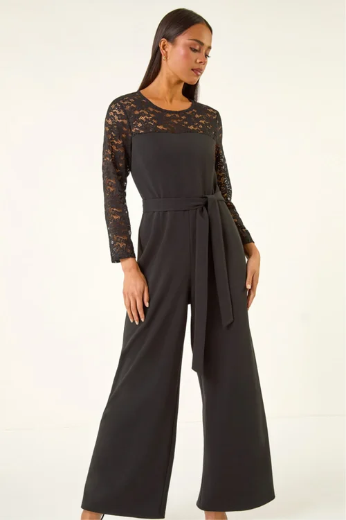 Roman Black Petite Lace Contrast Stretch Jumpsuit - Size 10 Image 4