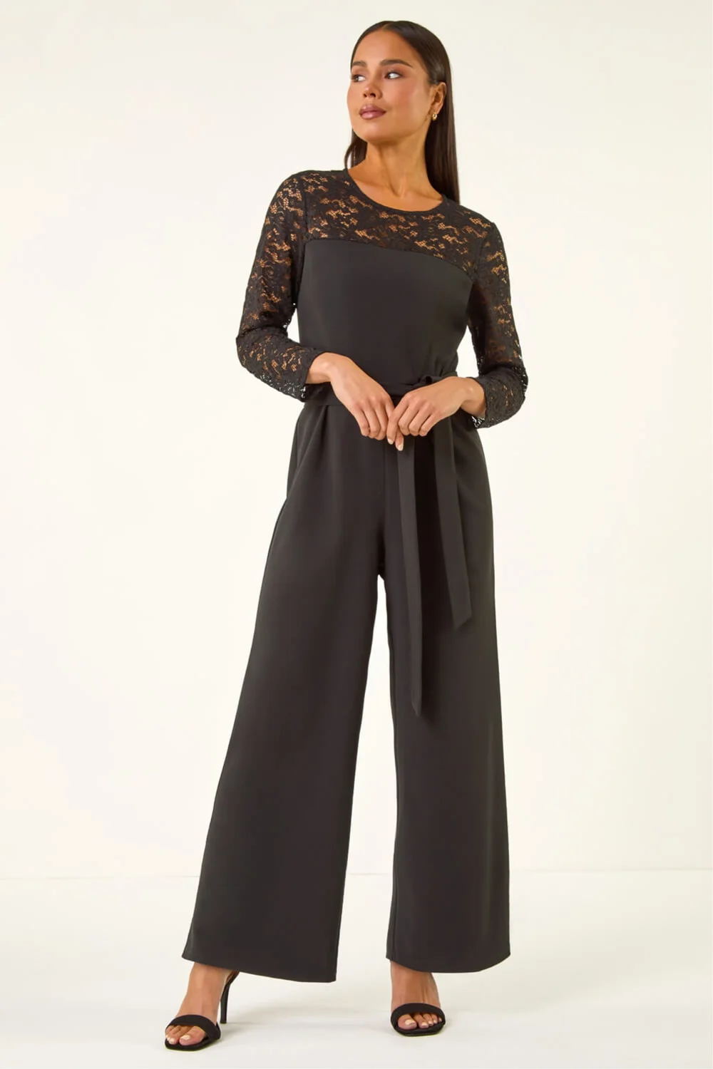 Roman Black Petite Lace Contrast Stretch Jumpsuit - Size 10 Image 2