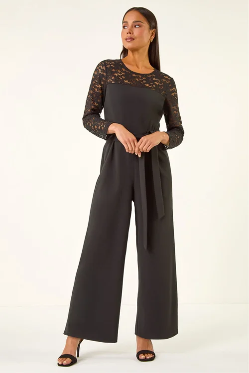 Roman Black Petite Lace Contrast Stretch Jumpsuit - Size 10 Image 2