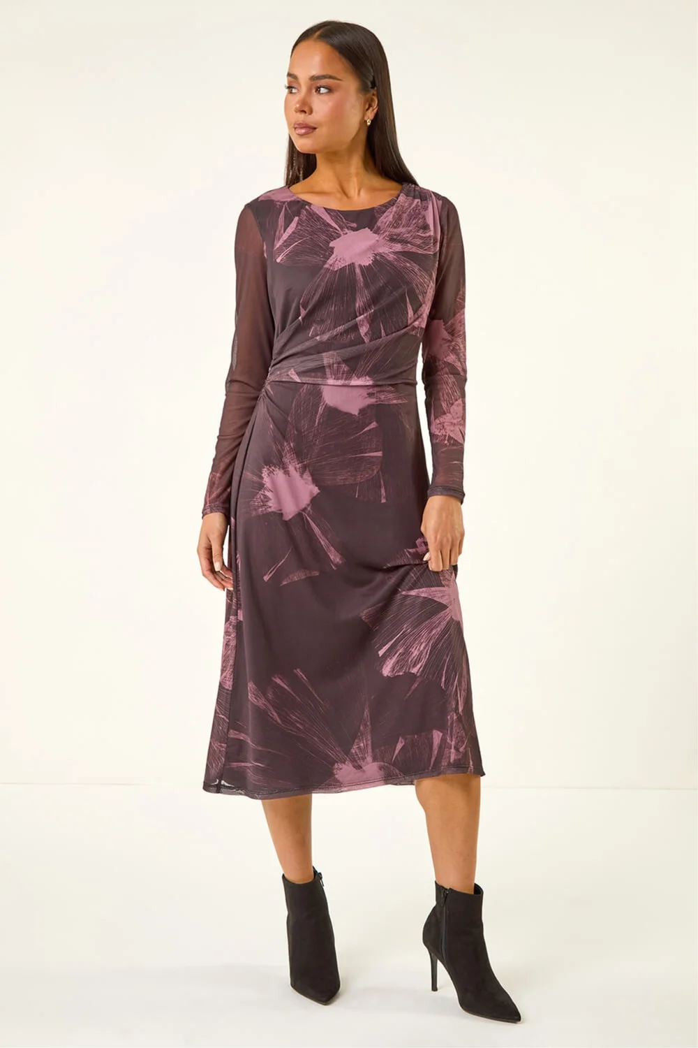 Roman Chocolate Petite Abstract Mesh Stretch Midi Dress - 12 Image 2