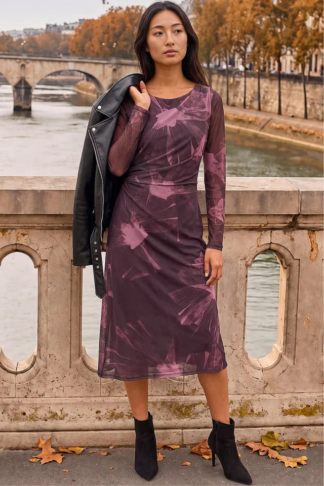 Roman Chocolate Petite Abstract Mesh Stretch Midi Dress