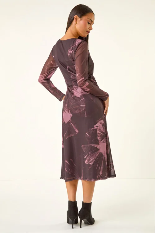 Roman Chocolate Petite Abstract Mesh Stretch Midi Dress - 12 Image 3
